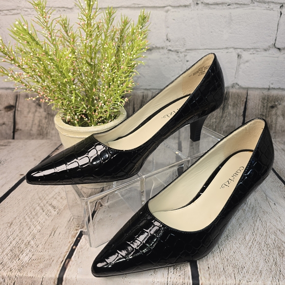 CABRIZI HOLLY CROC EMBOSSED GLOSSY BLACK HEELS PUMPS WOMENS 7.5 EUC - Picture 6 of 13